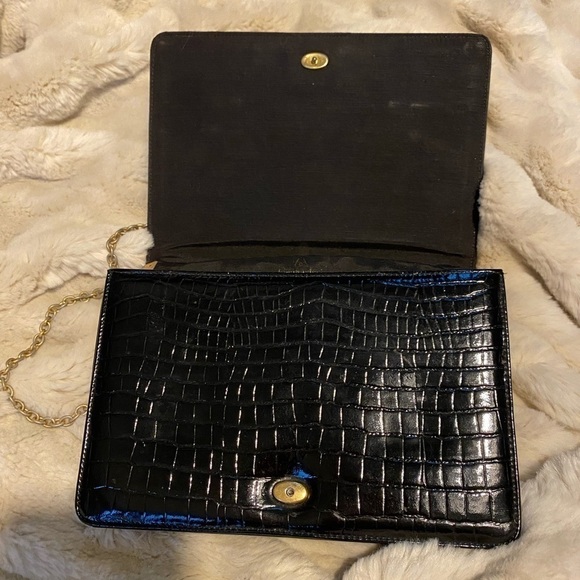 Vintage Bienen Davis Black Embossed Leather Handbag Chain Strap - Picture 9 of 11